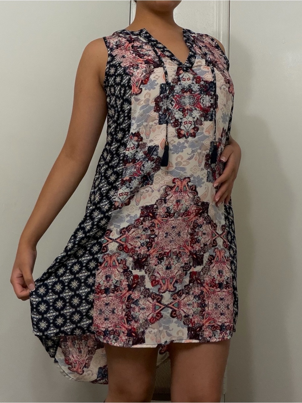 Xhilaration Navy, Pink and Cream High-Low Sleeveless V-Neck Dress
